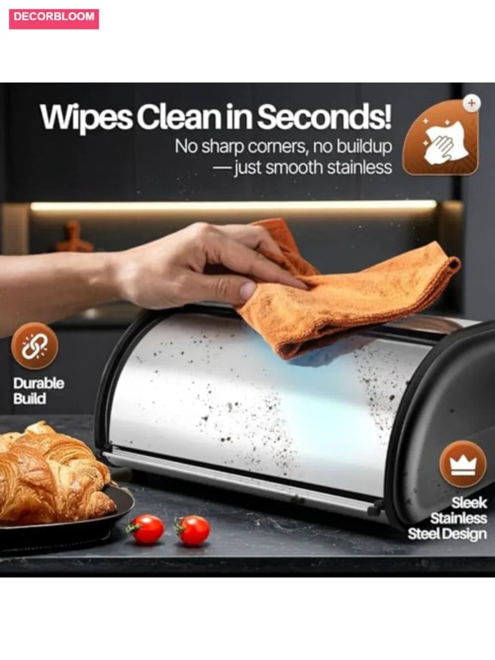 Stainless Steel Airtight Bread Box 13 Inch Roll Top Kitchen Counter Storage